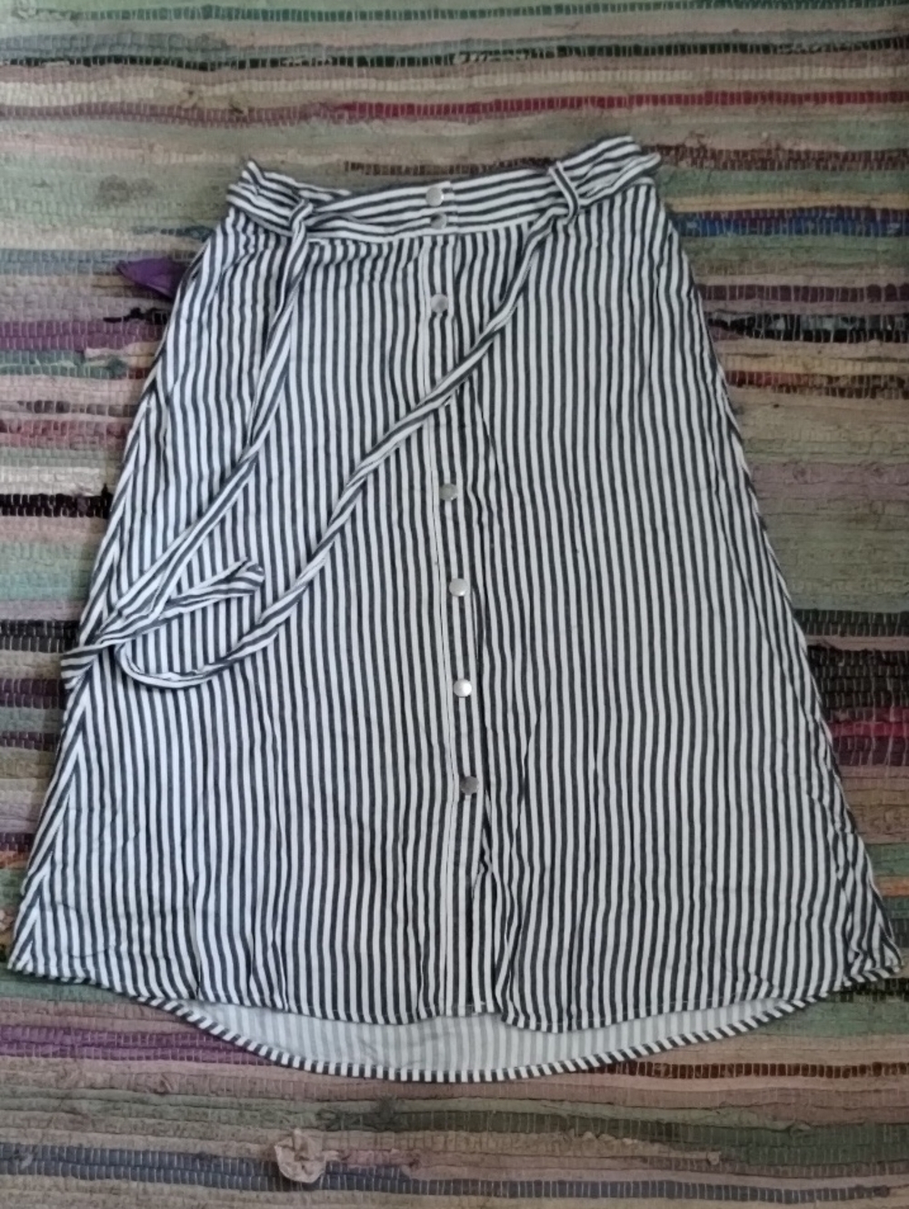 LOFT Black and White Vertical Stripe Button-Front A-Line Skirt